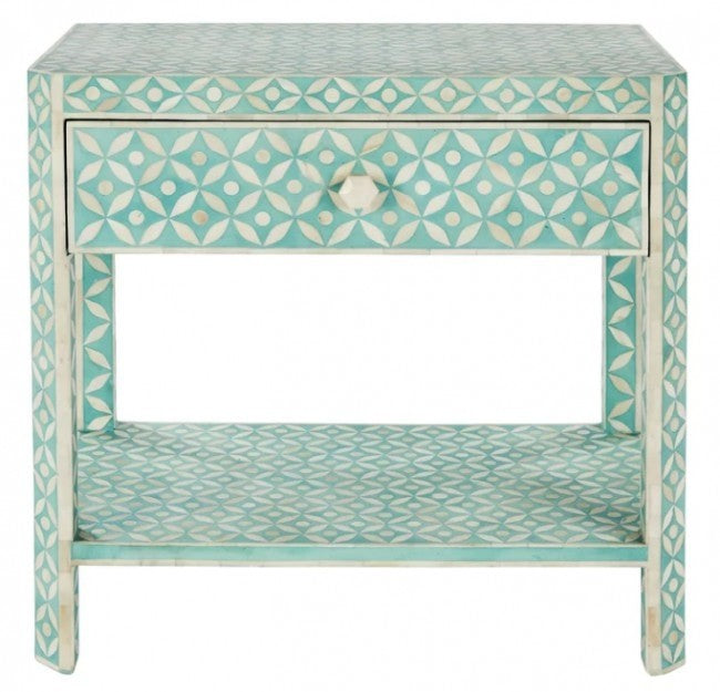 Maaya Bone Inlay Rectangular Side Table Blue Geometric