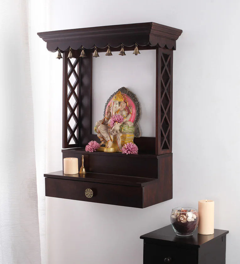 Stylish Brown Teak Wood Wall Mounted Mandir Without Door Home Temple In Brown