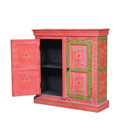 Bleached Hand Painted Indian Solid Wood Floral Design Storage Cabinet