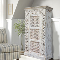 Saffron Hand Carved Whitewashed Oriental Cabinet