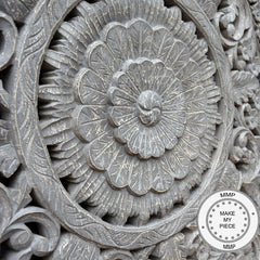 Dynasty Hand Carved Indian Wooden Round Wall Decorative Carved Panel Grey