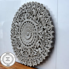 Dynasty Hand Carved Indian Wooden Round Wall Decorative Carved Panel Grey