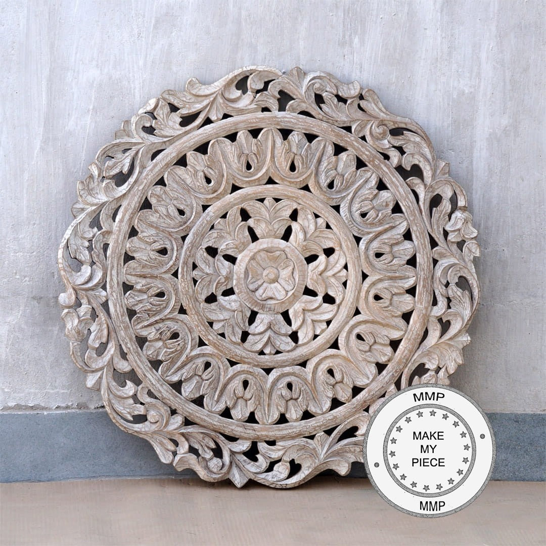 Dynasty Hand Carved Indian Wooden Round Bedhead Panel