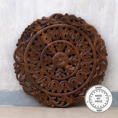 Dynasty Hand Carved Indian Wooden Round Bedhead Panel Brown