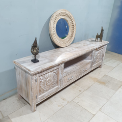 Handmade Indian Furniture Solid Hard Wood Carved Tv Unit in Whitewash 195X40X60CM