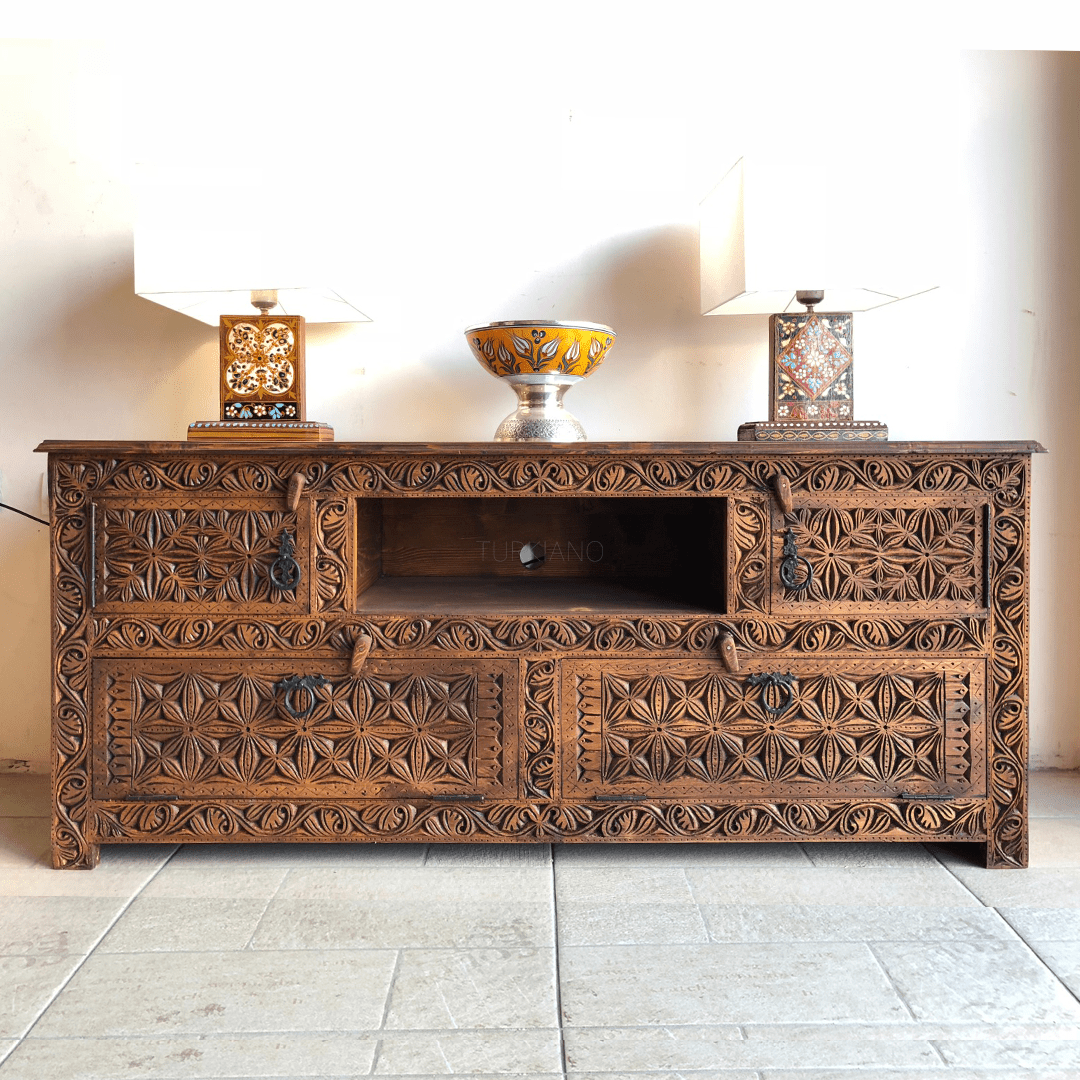 Indian Hand Carved Solid Wooden TV Unit 06