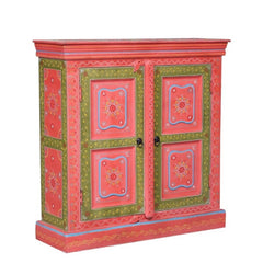 Bleached Hand Painted Indian Solid Wood Floral Design Storage Cabinet