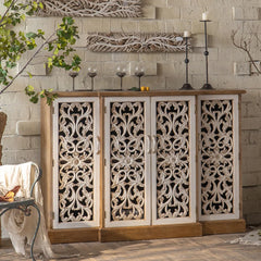 Indian Hand Carved Jali Solid Wood 4 Door Sideboard