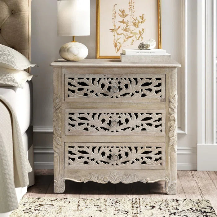 Indian Hand Carved 3 Drawers Solid Wood Bedside Table  06