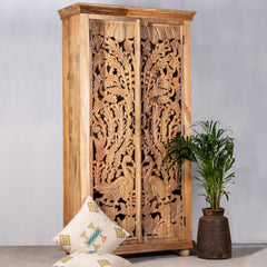 Kalah Solid Mango Wood Indian Hand Carved Wardrobe Cabinet Almirah Antique style Pantry Painted V02  -  