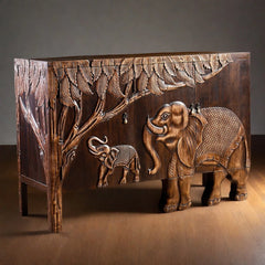 Indian Hand Carved Solid Wooden Elephant Sideboard