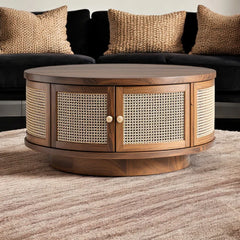 Rattan Elegance Series Solid Wood Round Shape With Rattan Cane Work Coffee Table C105