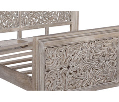 Indian Hand Carved Solid Wood Bed Frame Whitewash 03