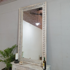 Handcrafted Indian Furniture Carved Solid Hard Wood Oriental Style Mirror Frame White 180x100cm