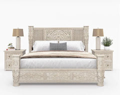 Hand Carved Solid Wooden King Sized Bed in White