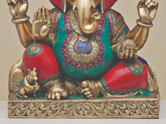 Indian Lord Ganesha Handmade Brass Statue With Inlay Work