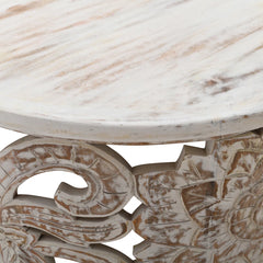 Pine Grove Handcrafted Mango Wood Carved Round Coffee Table Rustic White