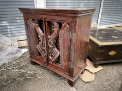 Indian Handmade Carved Wooden Glass Door Sideboard With Tribal Carving