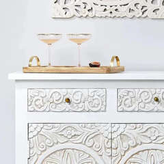 Carved Oasis Hand Carved Solid Mango Wood 2 Doors 2 Drawers Cabinet in All White