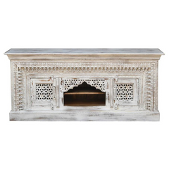 Carved Oasis Hand Carved Solid Mango Wood Mehrab Style TV Unit in Distressed White