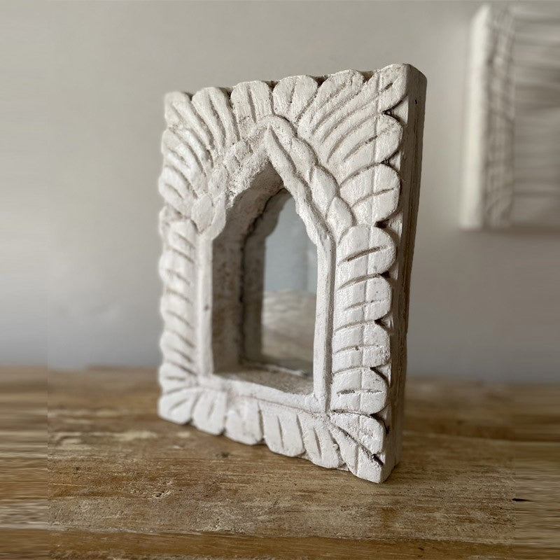 Hand Carved Indian Solid Wood Temple Mirror Whitewash 21cm E