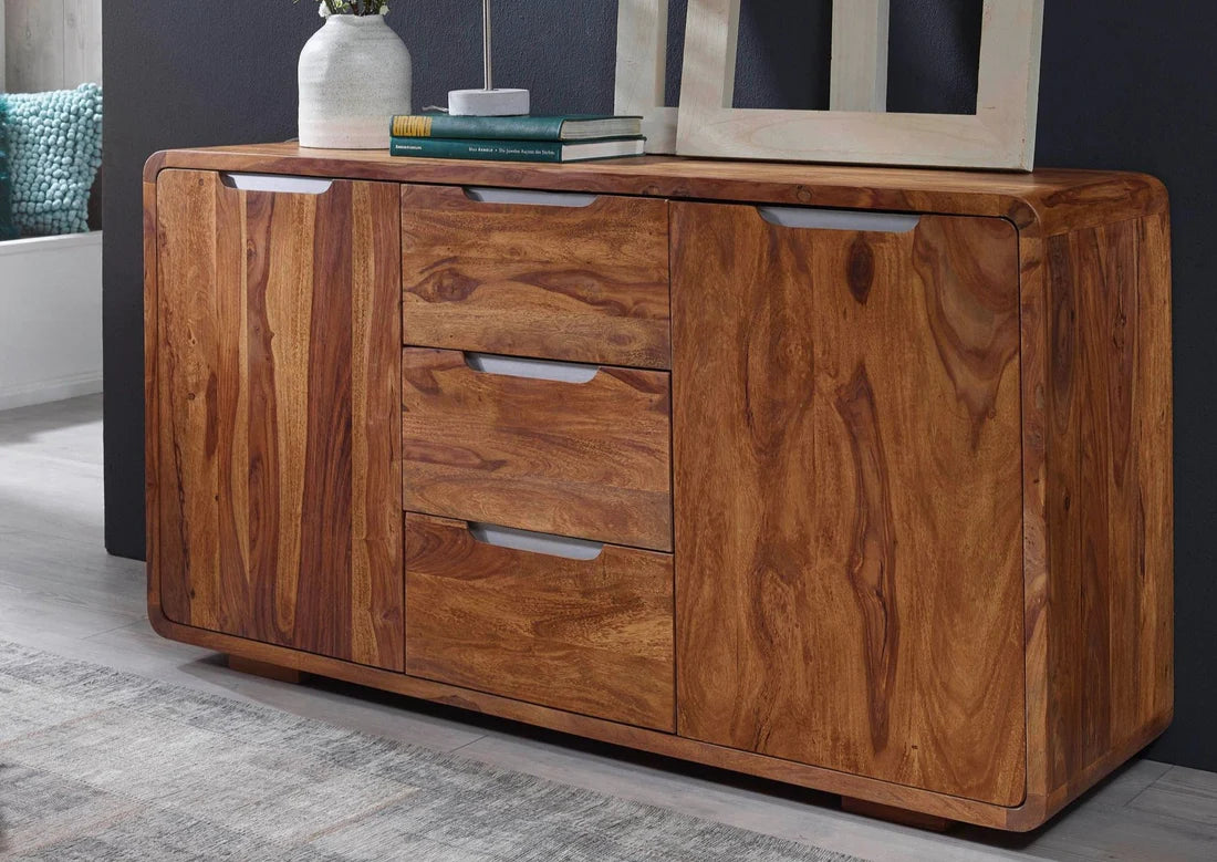 Gfine Sideboard with two doors and three drawers made of solid Sheesham wood 130x43x70cm