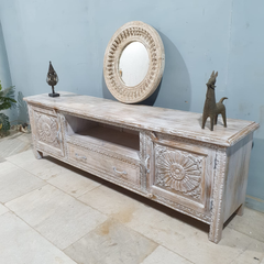 Handmade Indian Furniture Solid Hard Wood Carved Tv Unit in Whitewash 195X40X60CM