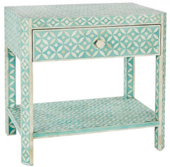 Maaya Bone Inlay Rectangular Side Table Blue Geometric