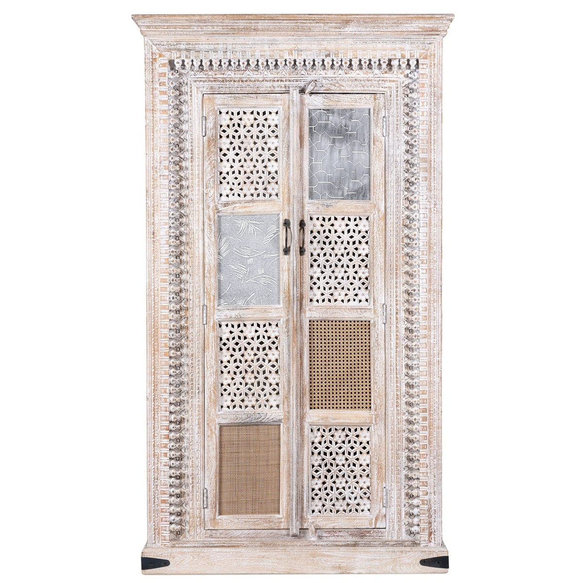 Kalah Solid Mango Wood Indian Hand Carved Wardrobe Cabinet Almirah Antique style Pantry Painted V05  -  