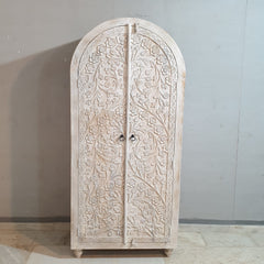 Indian Furniture Hand Carved Solid Wooden 2 Door Whitewash Cabinet 90x45x200cm