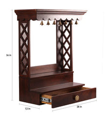 Stylish Brown Teak Wood Wall Mounted Mandir Without Door Home Temple In Brown