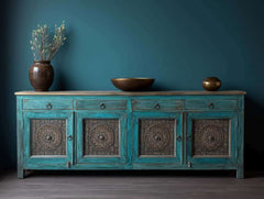 Indian Antique Brass Work Solid Wood Sideboard C20