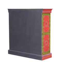 Bleached Hand Painted Indian Solid Wood Floral Design Storage Cabinet