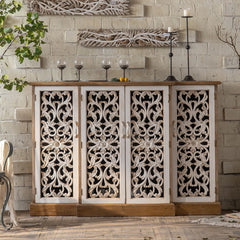 Indian Hand Carved Jali Solid Wood 4 Door Sideboard