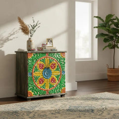Indian Hand Painted Floral Carved Solid Wood Cabinet D128