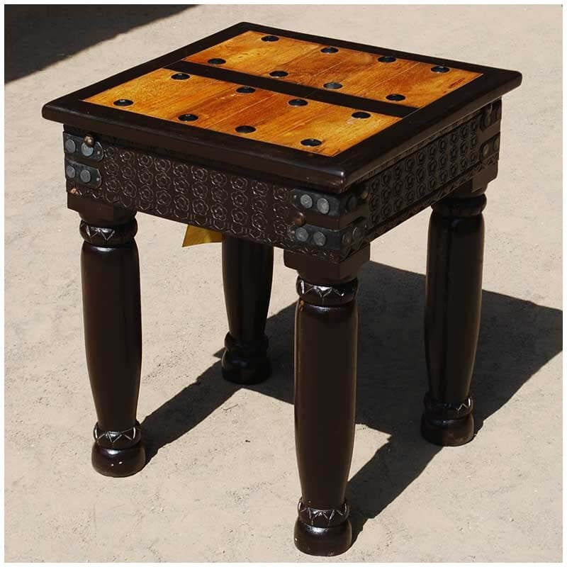 Milson Indian Solid Wood Hand Carved Side End Table w Wrought Iron Hardware