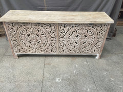 Dynasty Hand Craved Indian Solid Wood Sideboard With Carved Doors