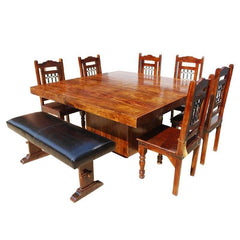 Solid Wood Square Pedestal Dining Table & Chair Set w Bench