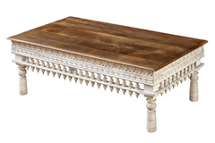 Antique Indian Mughal Hand Carved Solid Wooden Coffee Table Whitewash 120x75x45cm A0403