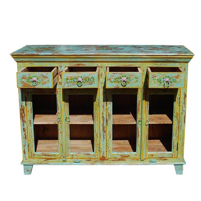 Pandora Hand Painted Indian Solid Wood 4 Drawers Glass Door Sideboard