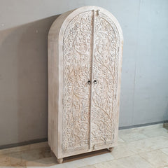 Indian Furniture Hand Carved Solid Wooden 2 Door Whitewash Cabinet 90x45x200cm