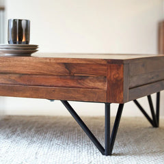 Industrial Metal and Solid Wood Coffee Table With Storage C115