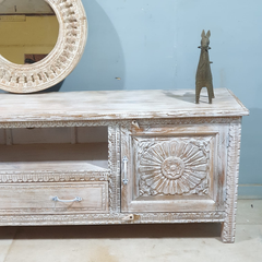 Handmade Indian Furniture Solid Hard Wood Carved Tv Unit in Whitewash 195X40X60CM