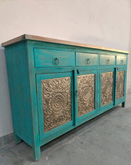 Indian Antique Brass Work Solid Wood Sideboard C20