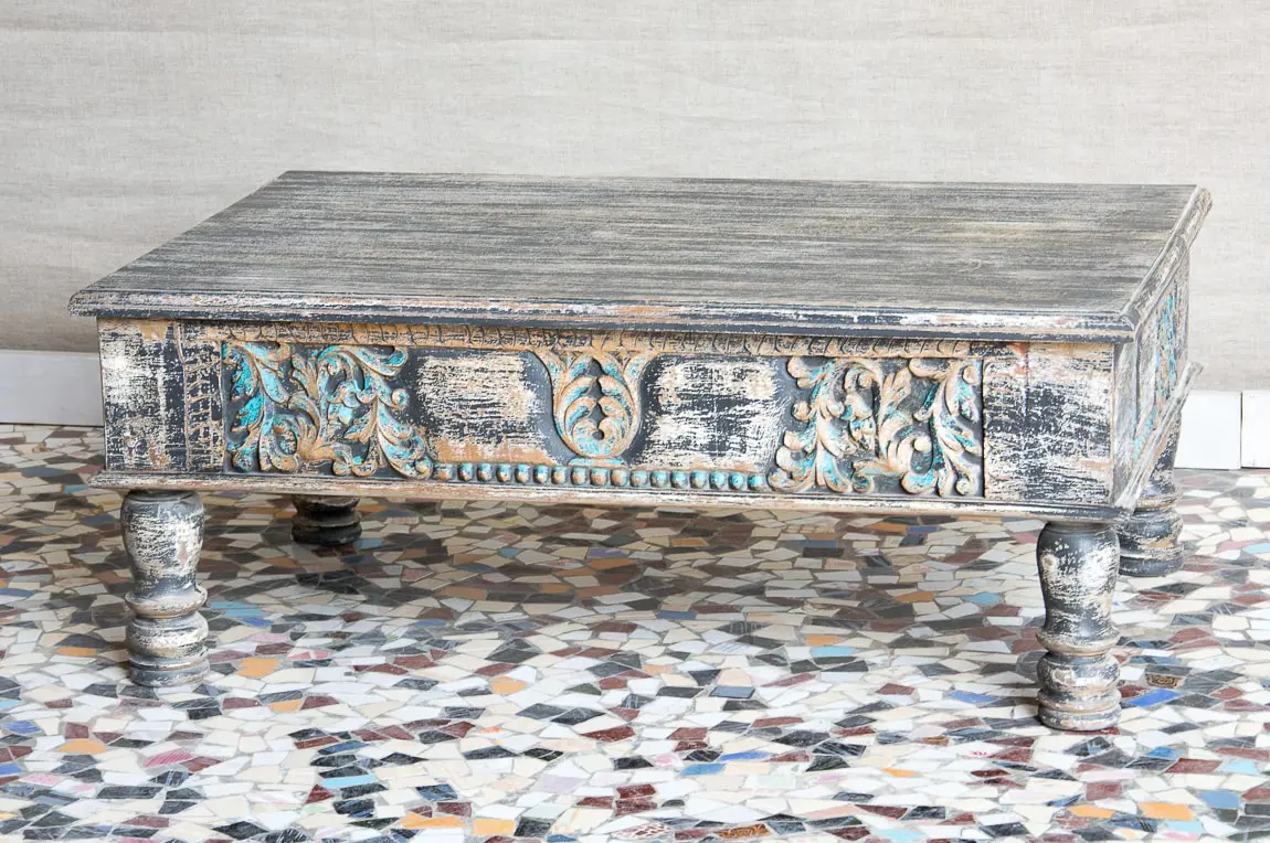 Antique Indian Mughal Hand Carved Solid Wooden Coffee Table Blackwash 115x74x46cm A0410