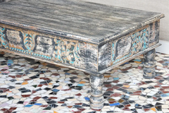 Antique Indian Mughal Hand Carved Solid Wooden Coffee Table Blackwash 115x74x46cm A0410