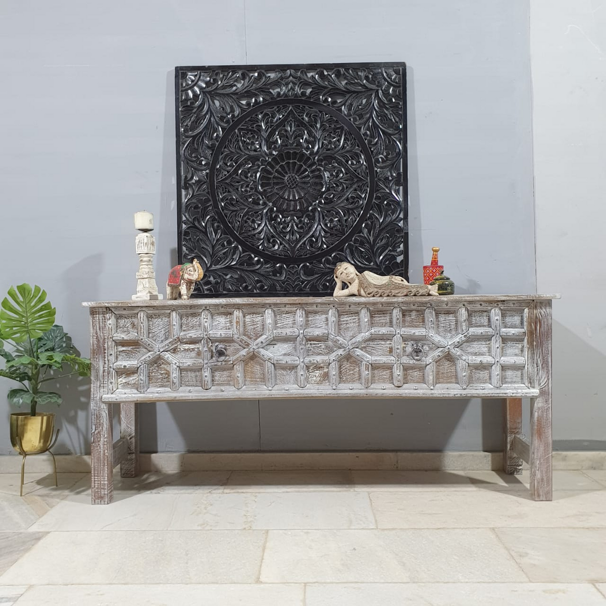 Indian Antique Tribal Hand Carved Wooden Console Hall Table 175x43x75CM