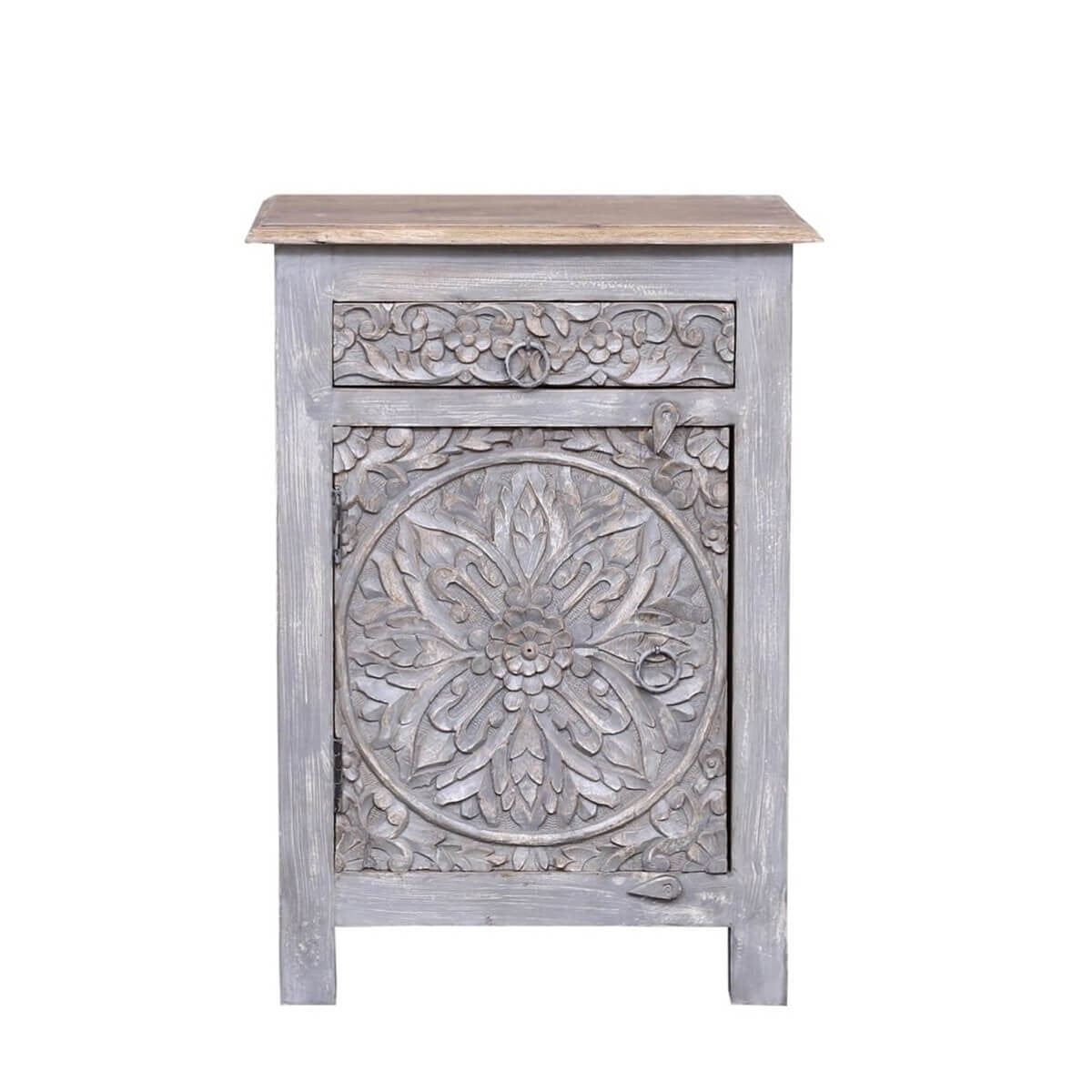 Dynasty Hand Carved Indian Reclaimed Wood Single Drawer Side Table