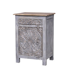 Dynasty Hand Carved Indian Reclaimed Wood Single Drawer Side Table