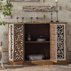 Indian Hand Carved Jali Solid Wood 4 Door Sideboard